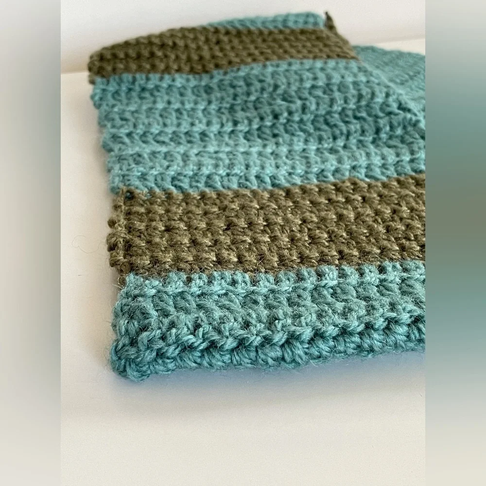 Handmade Crochet Infinity Teal and Olive Green Stripe Scarf